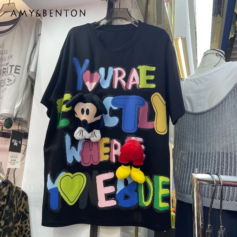 

Summer New Korean Style Loose Fit Slimming Versatile Cartoon Mid-length Short Sleeved T-shirt Top For Women's Y2k Tees Clothes