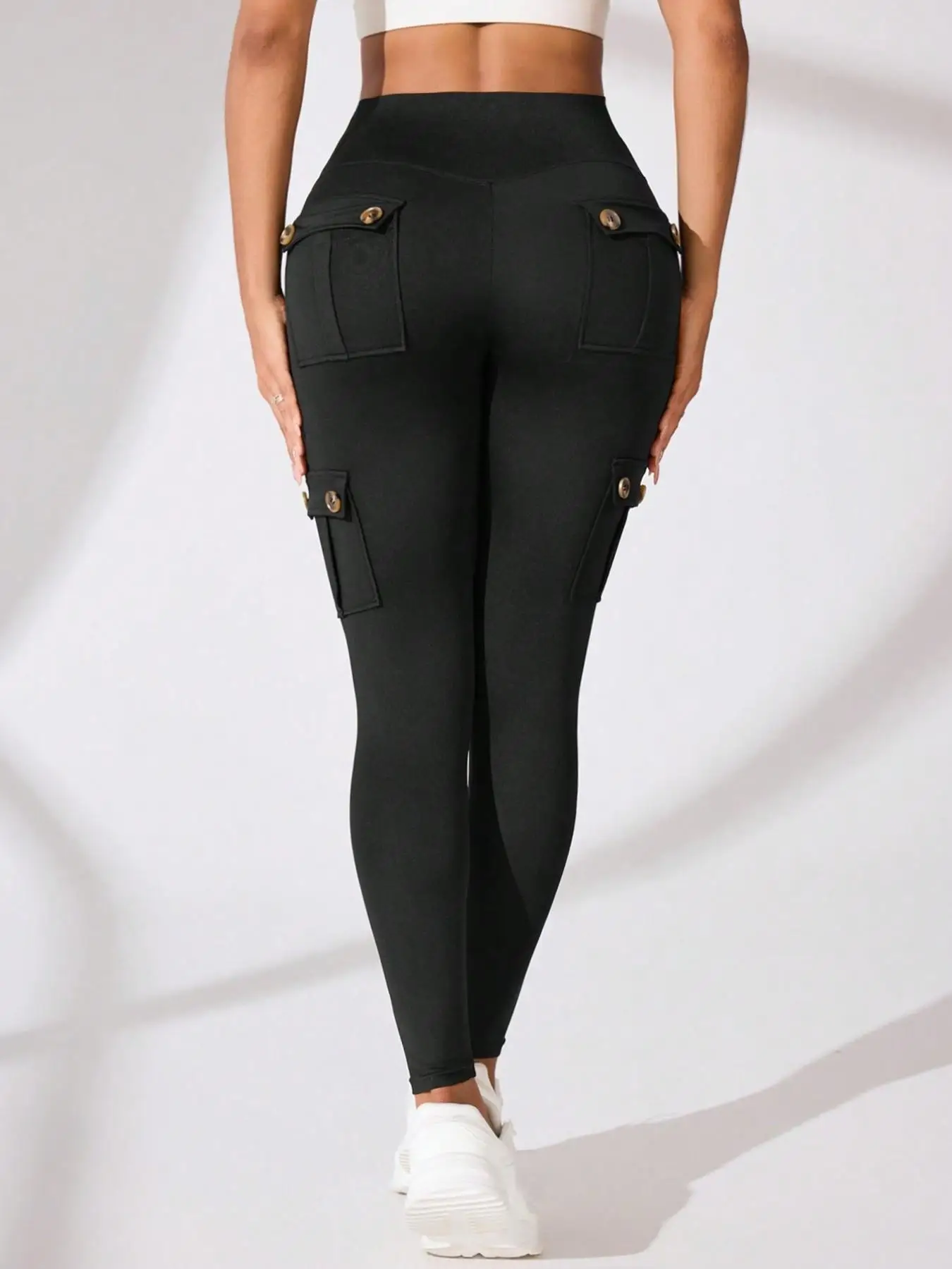 Damen High-Waist Po-Lifting Cargo Workout Leggings mit mehreren Taschen, dehnbare Fitness-Sporthose – Detail 4