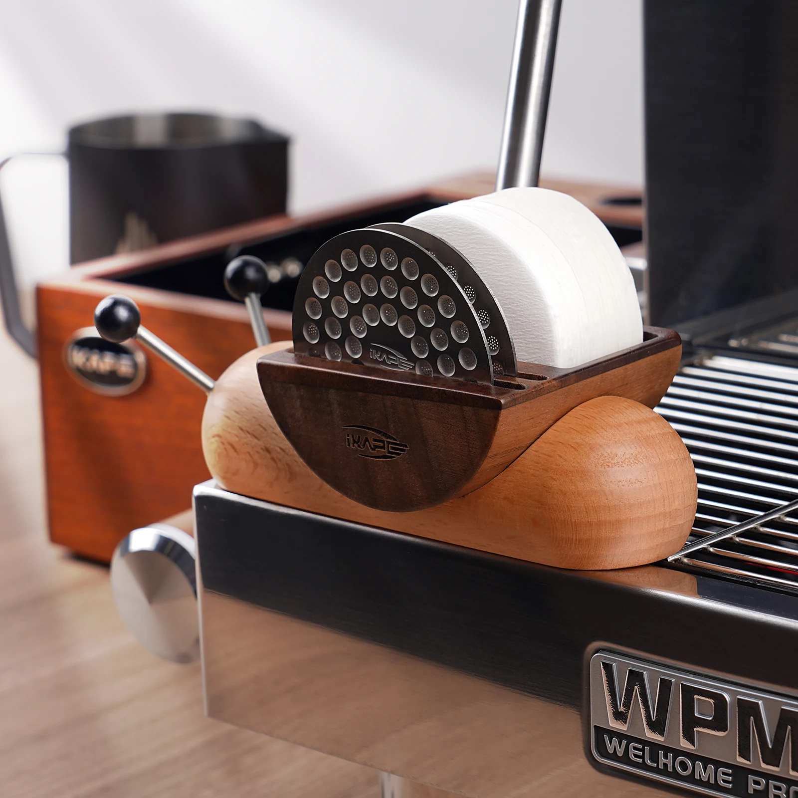 

IKAPE Wooden Snail Organizer Puck Screens & Paper Fliters Kit, 100pcs paper Fliter, 2 pcs Ultra-thin puck screens, espresso tool