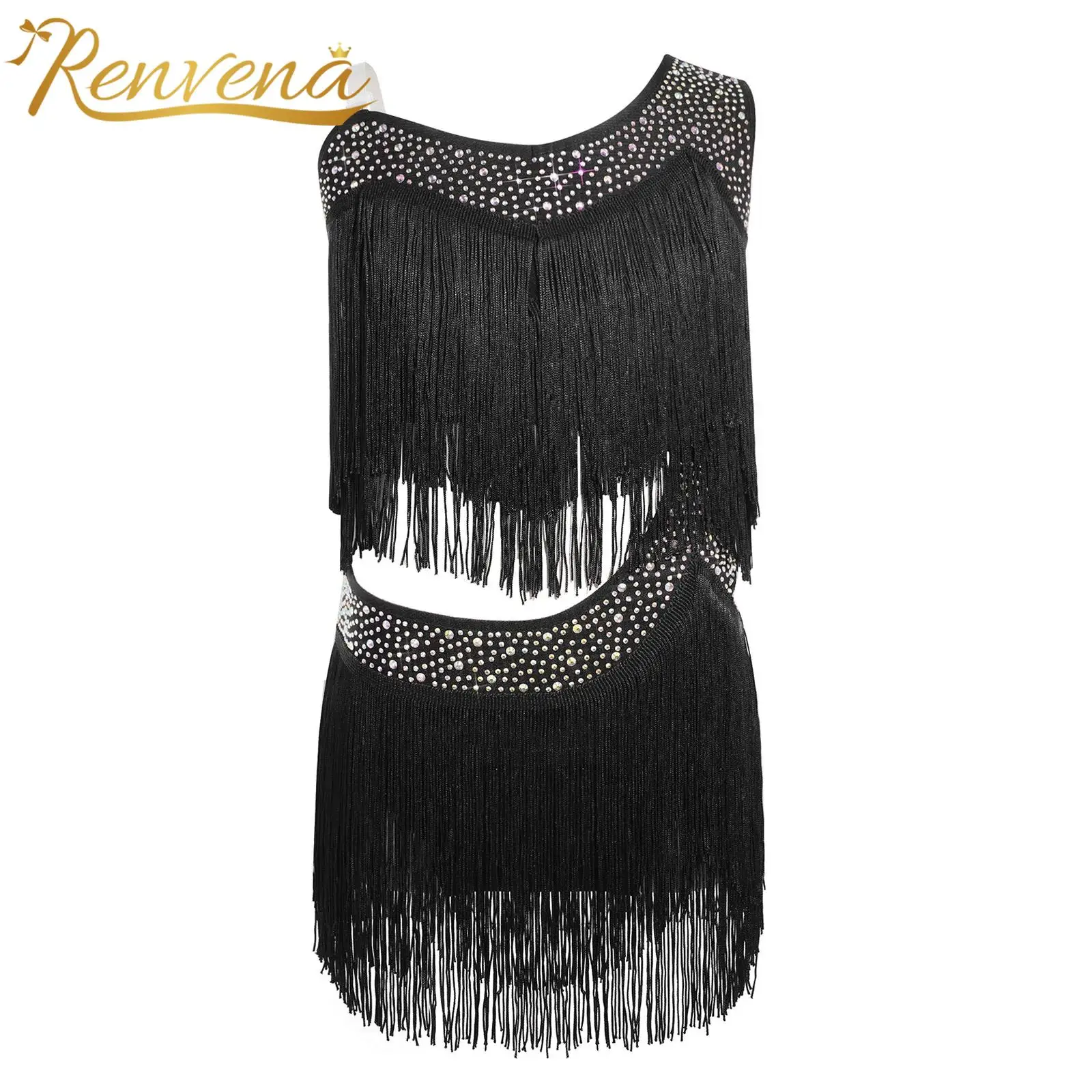 Kids Ballroom Cha Cha Dance Dress Girls Tassel Tango Rumba Latin Dance Outfits Children Halter Fringe Latindance Costumes