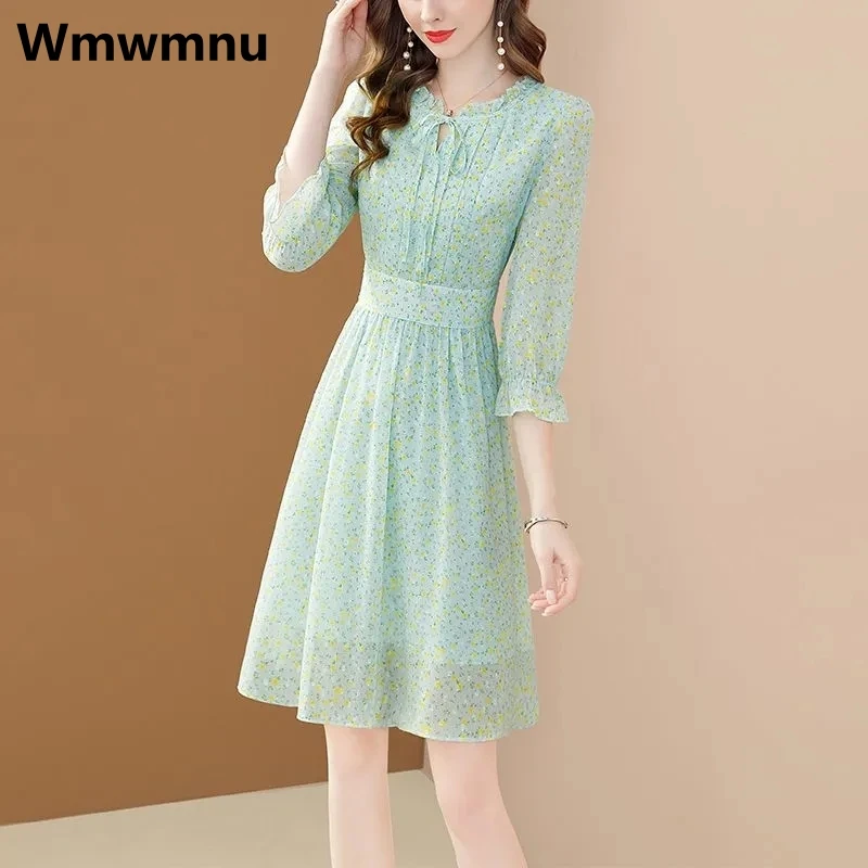 

Chiffon Print Elegant A-line Dress Korean Casual Summer Vestidos O-neck Half Sleeve Women Kleid Thin New Vintage Midi Dresses