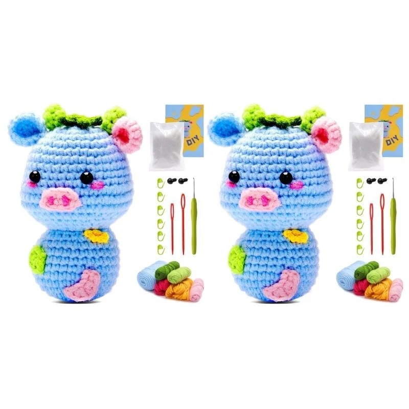 E06B 2Sets Non Finished Manual Crochet Material Bag Kits Cow Woven DIY Hand Knitting Yarn Set Animal Sewing for Beginner