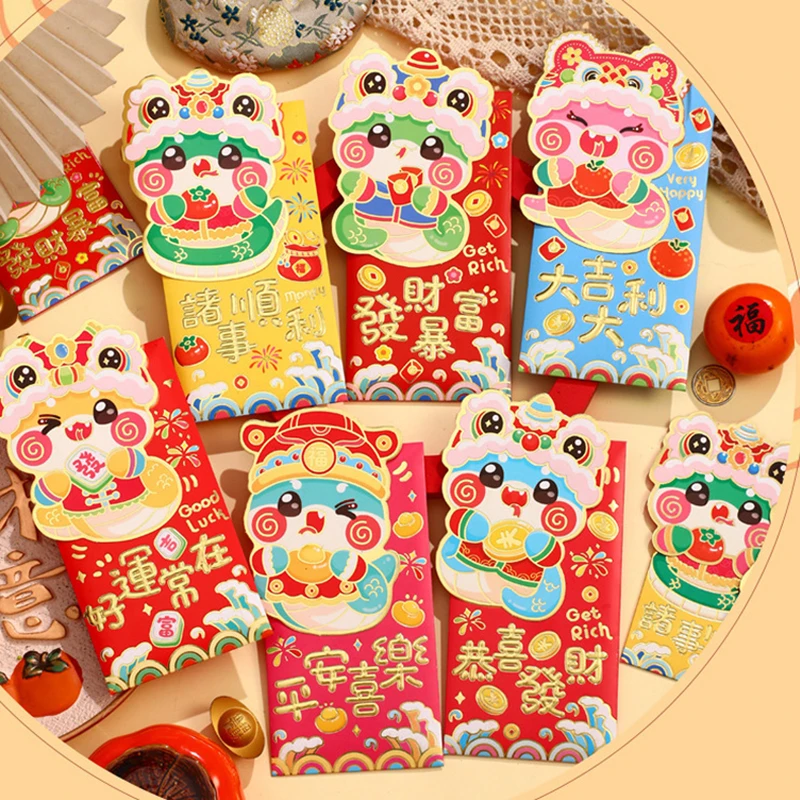 6 Pcs 2025 Year Gilded Cartoon Snake Red Envelope Solid Blessings Printing Lucky Money Bag Mixed Pattern Thickened Red Packet