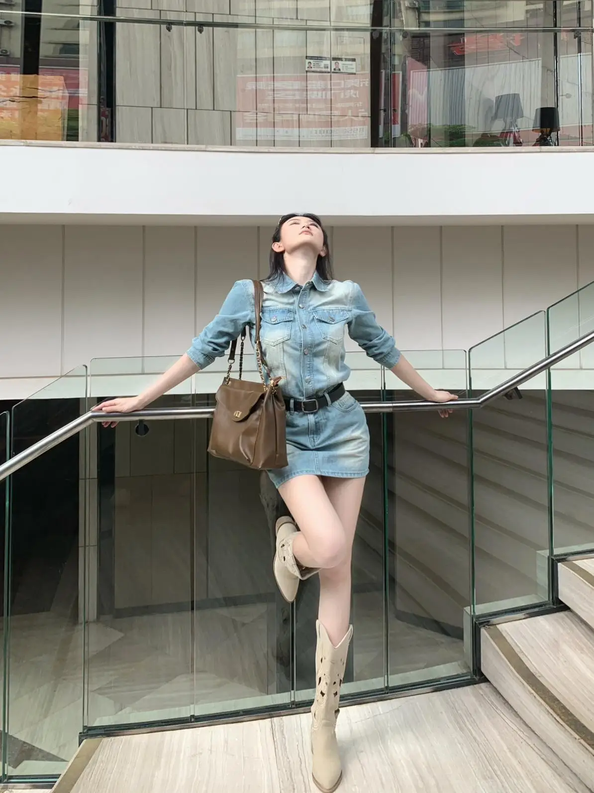 

Heavy Duty Short Waist Cinched Denim Dress Hot Girl Ins American Style Collar Long Sleeve Women's Dress for All Seasons