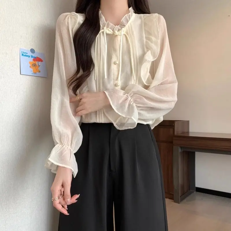 2024 New Summer Chinese Style High Waist Sweet Loose Women's Shirt Polyester Ruffled Flare Sleeve Solid Folds Button Chic Tops