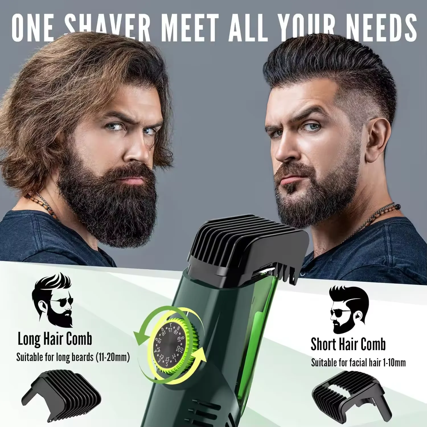 Cordless Men Beard Trimmer Rechargeable Electric Shaver with 20 Trim Built-in Vacuum Clipper for Mustache Sideburns Grooming Kit