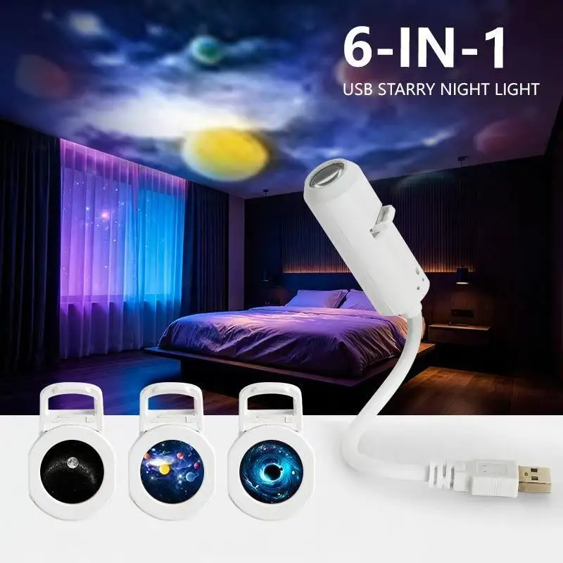 Flexible Hose Galaxy Planet Projector Lamp USB Starry Sky Light 360 Rotatable 3 6 12 24Pcs Film Slides Bedroom Romantic Decor