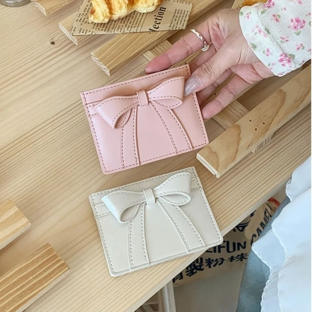Sweet Bow Decoration Card Holder PU Leather Ultra Thin Mini Wallet Multi-card Slots Solid Color Coin Purse for Students
