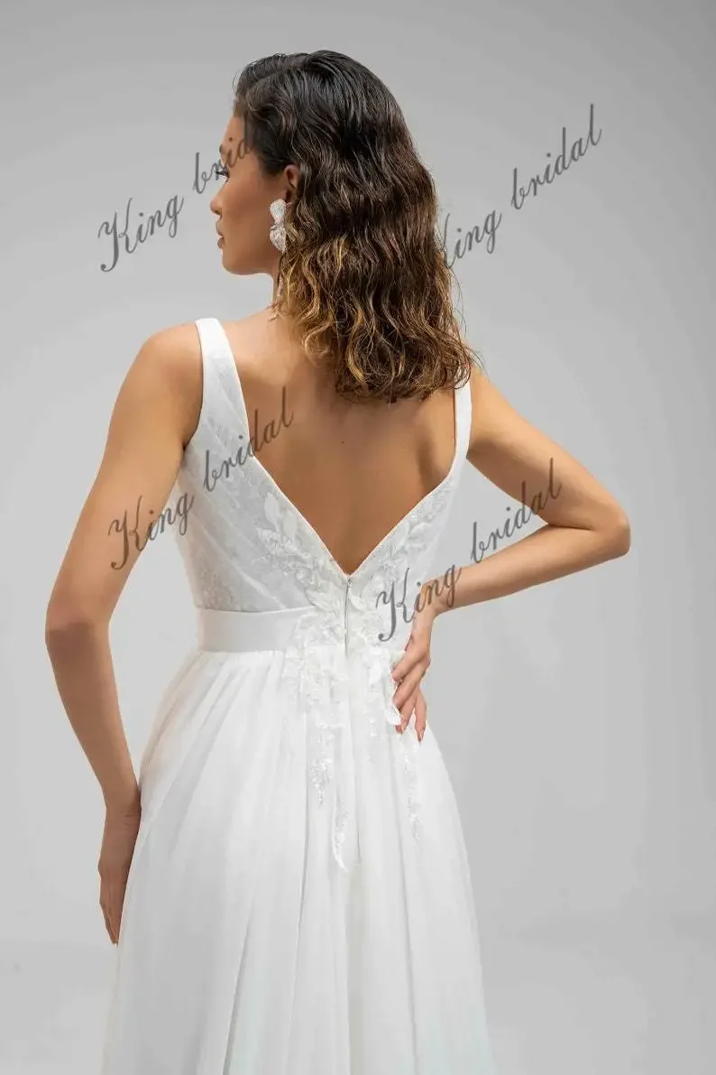 

V Neck Boho Beach Wedding Dresses Custom Wedding Gown Simple Wedding Dress Chiffon Slit Bridal Gown Backless Embroidered Lace