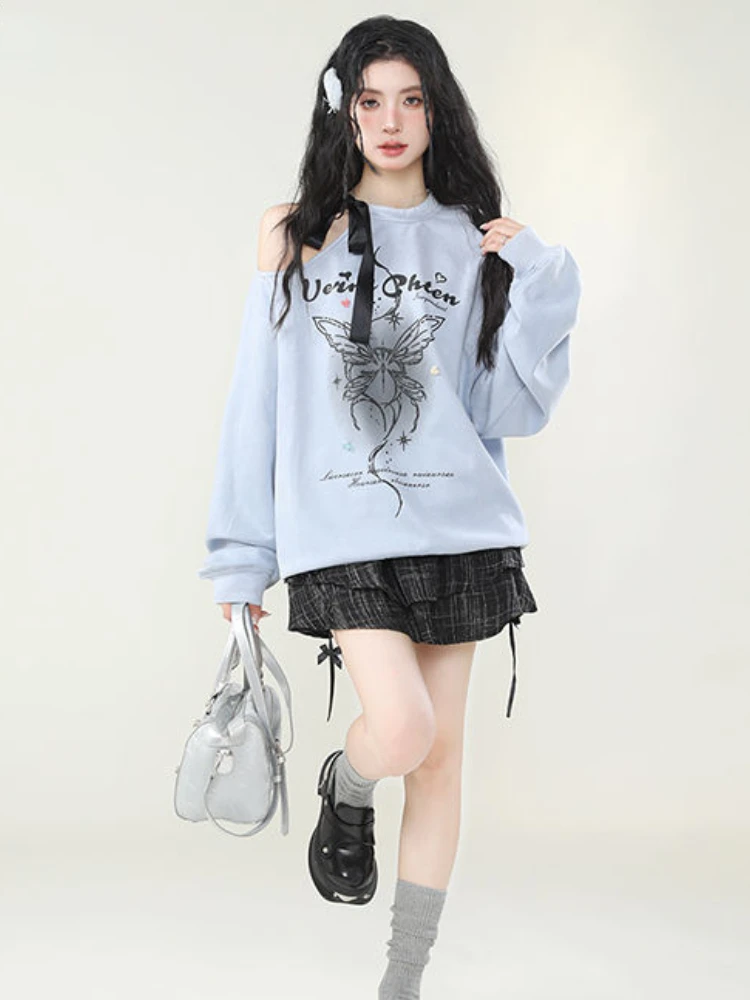 Sudaderas con capucha con estampado de mariposa Kawaii para mujer, Tops Grunge, sudaderas casuales de gran tamaño, estética Y2k, vendaje hueco, Harajuku