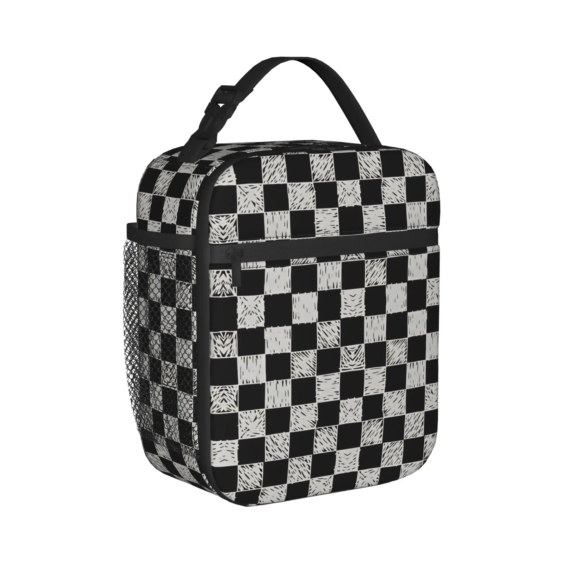Lunch Bag Hand Drawn Sketch Checkered Office Lunch Box For Child  Casual Portable Graphic Cooler Bag