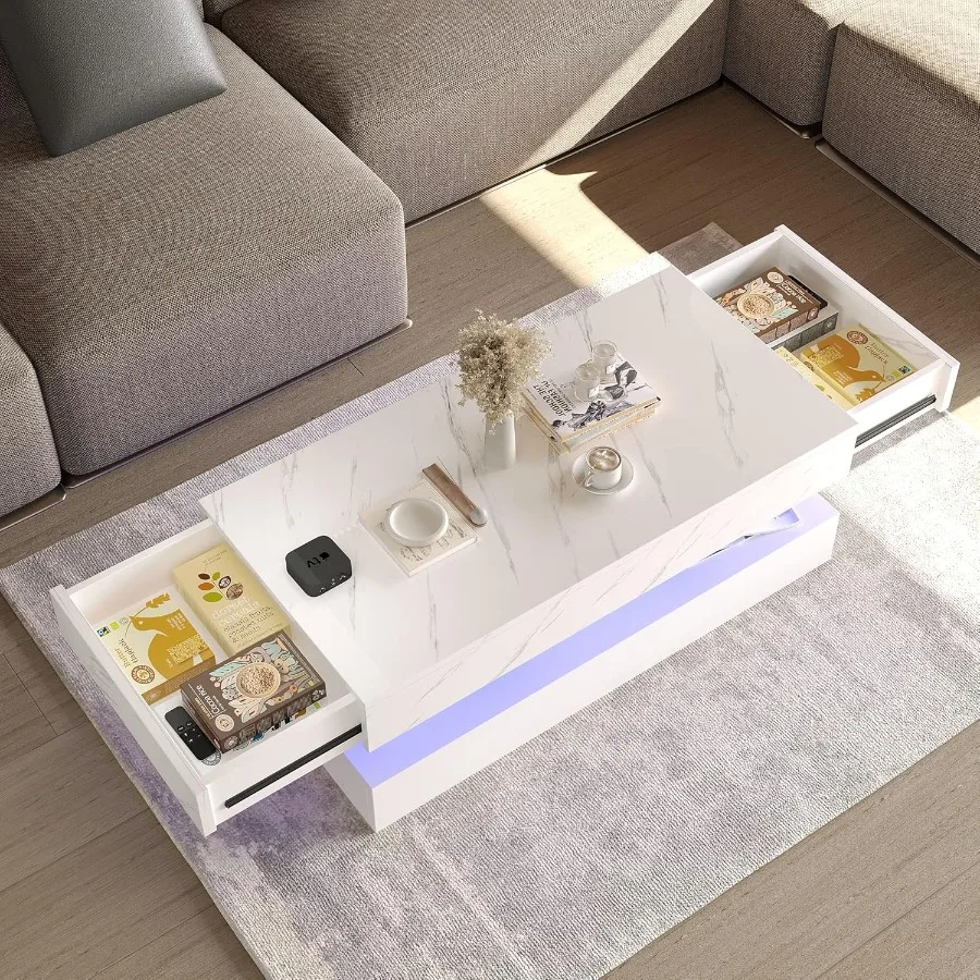 طاولة القهوة LED مع 2 أدراج تخزين طاولة القهوة البيضاء الحديثة شديدة اللمعان مع 20 لونًا أضواء LED 2 طبقات مستطيلة مركز Ta