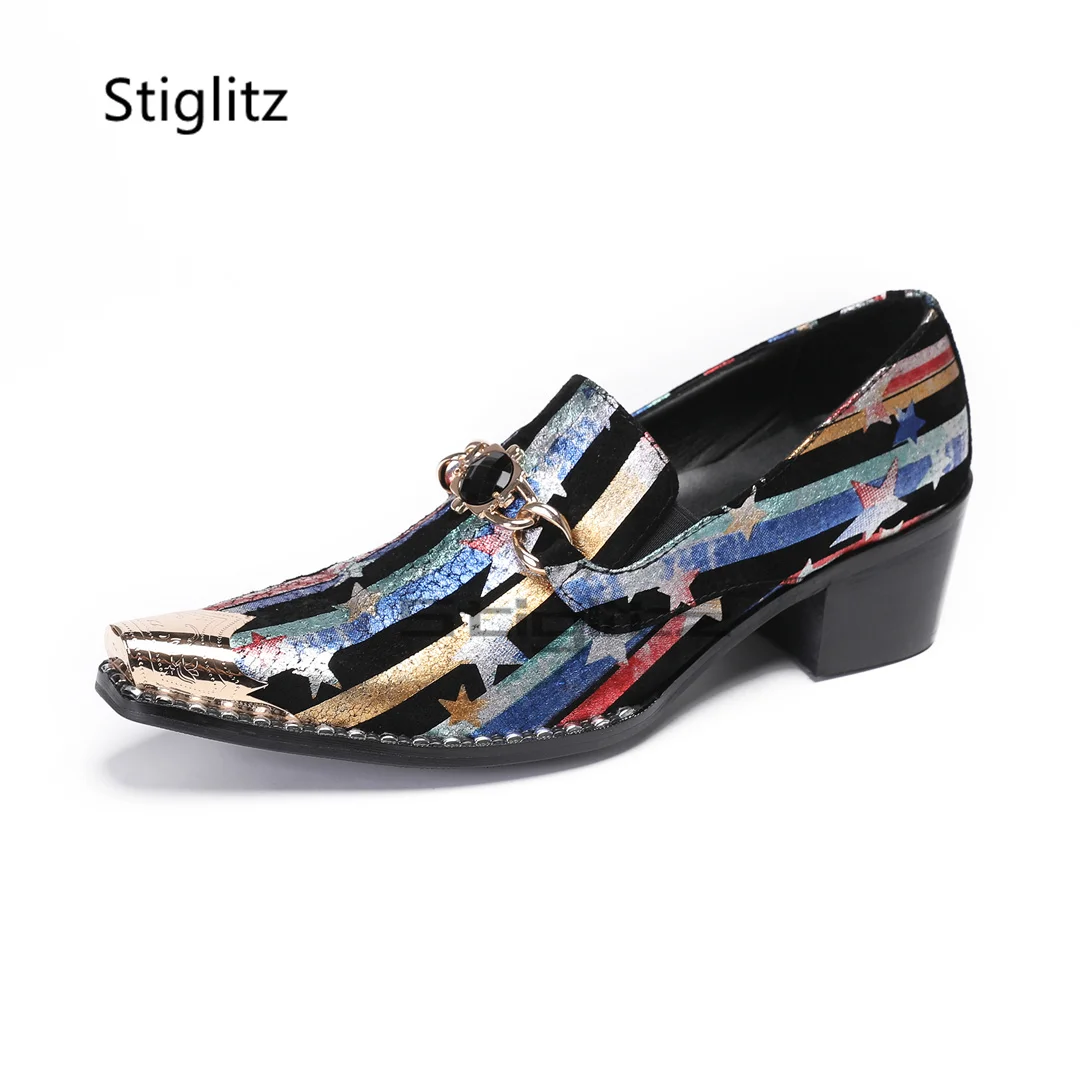 

Metal Chain Mixed Colors High Heeled Men's Shoes Pointed Toe Slip On Genuine Leather Shoes High Quality Catwalk Male Shoes