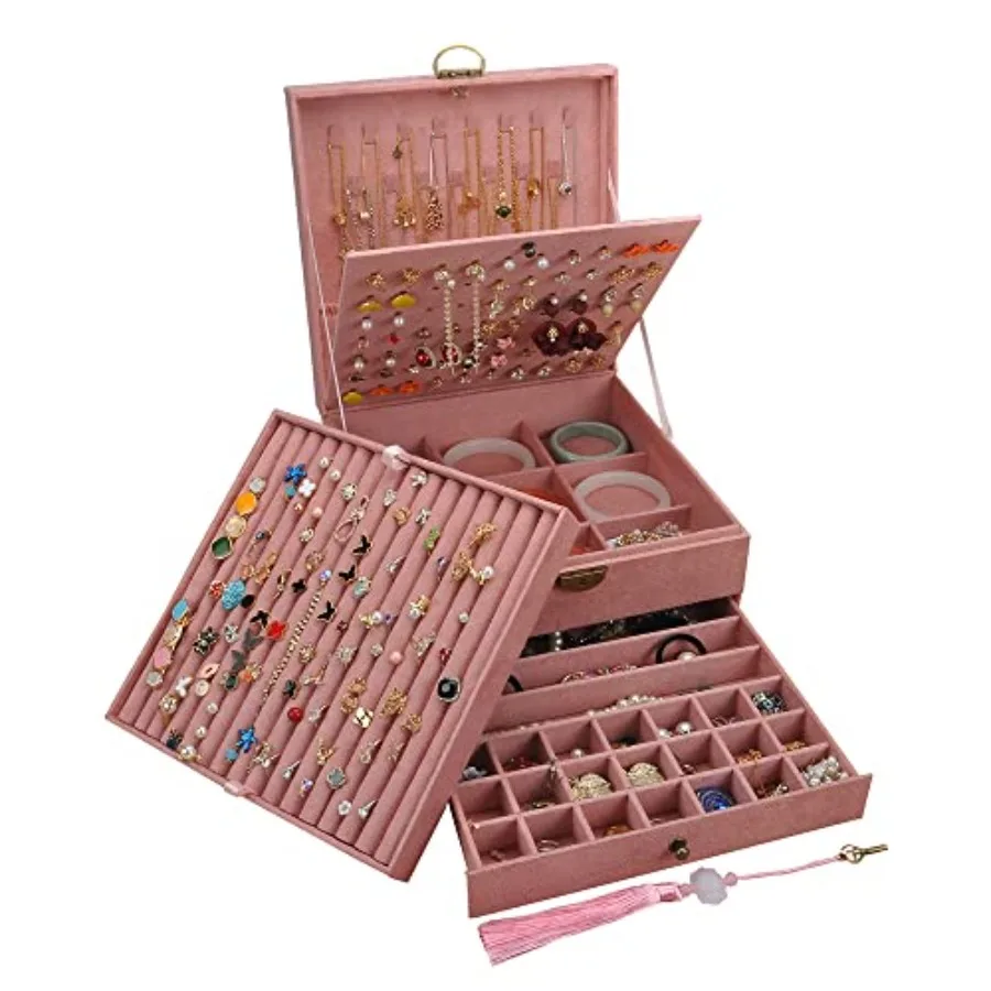 

Jewelry Organizer 5 Layers Velvet Square Jewelry Box Women Necklace Ear studs Display Bangles Large Jewelry Storage Case Drawer