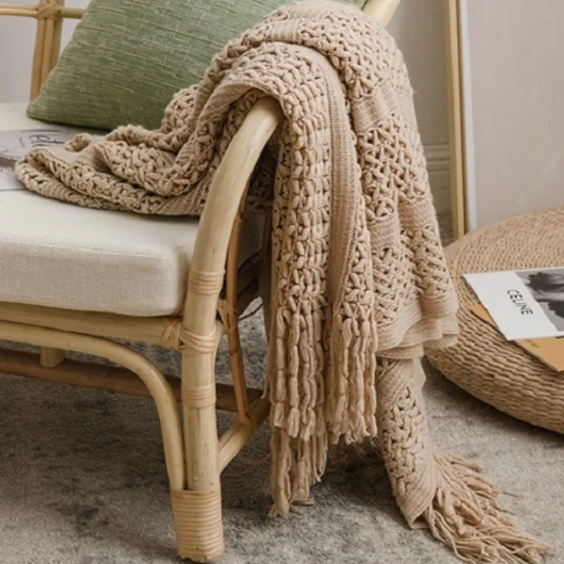 Nordic Crocheted Khaki Blanket with Tassels Travel Sofa Bed Throw Air Conditioner Hollow Plaid Blanket for Drop Shipping
