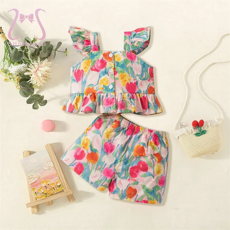 2-3 Jahre alt modische Kinder kleine fliegende ärmellose Top und Hose süße Baby Mädchen Blumenanzug Kind Baumwolle weiche Kleidung