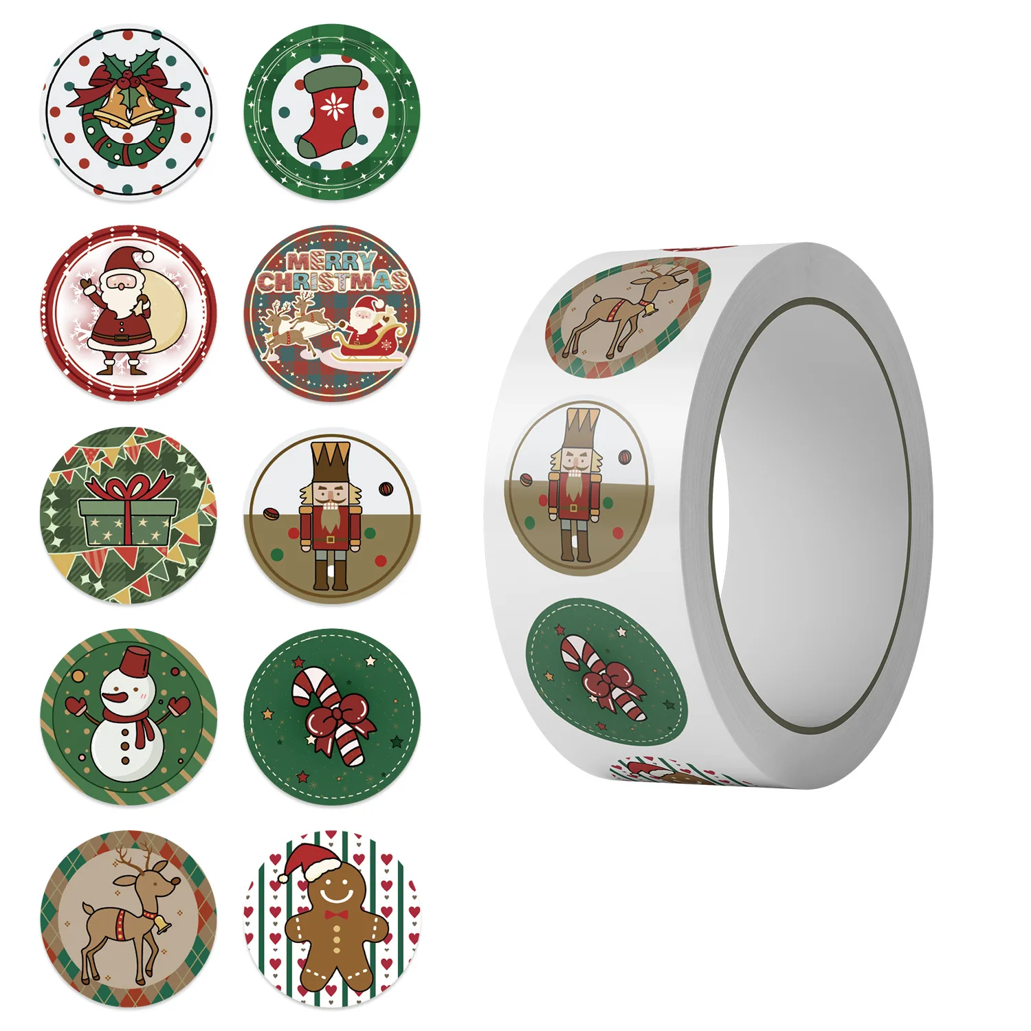 500Pcs Christmas Stickers Roll, 10 Designs Vintage Santa Nutcracker Decals, Retro Xmas Stickers for Diary Scrapbooking Gifts