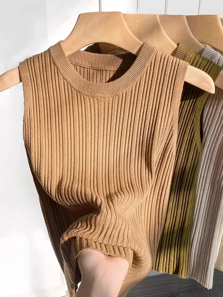 Solid Slim Thin Sleeveless Knitted Sweater 2026 Spring Summer O-Neck Shirt for Women Elegant Casual Blouse Blusas