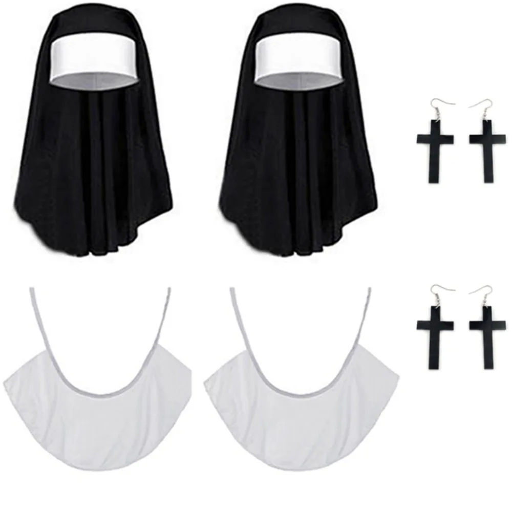 PESENAR Women's Nun Cosplay Costume Accessories Set - Nun Veils, Cross Earrings and White Crop Tops