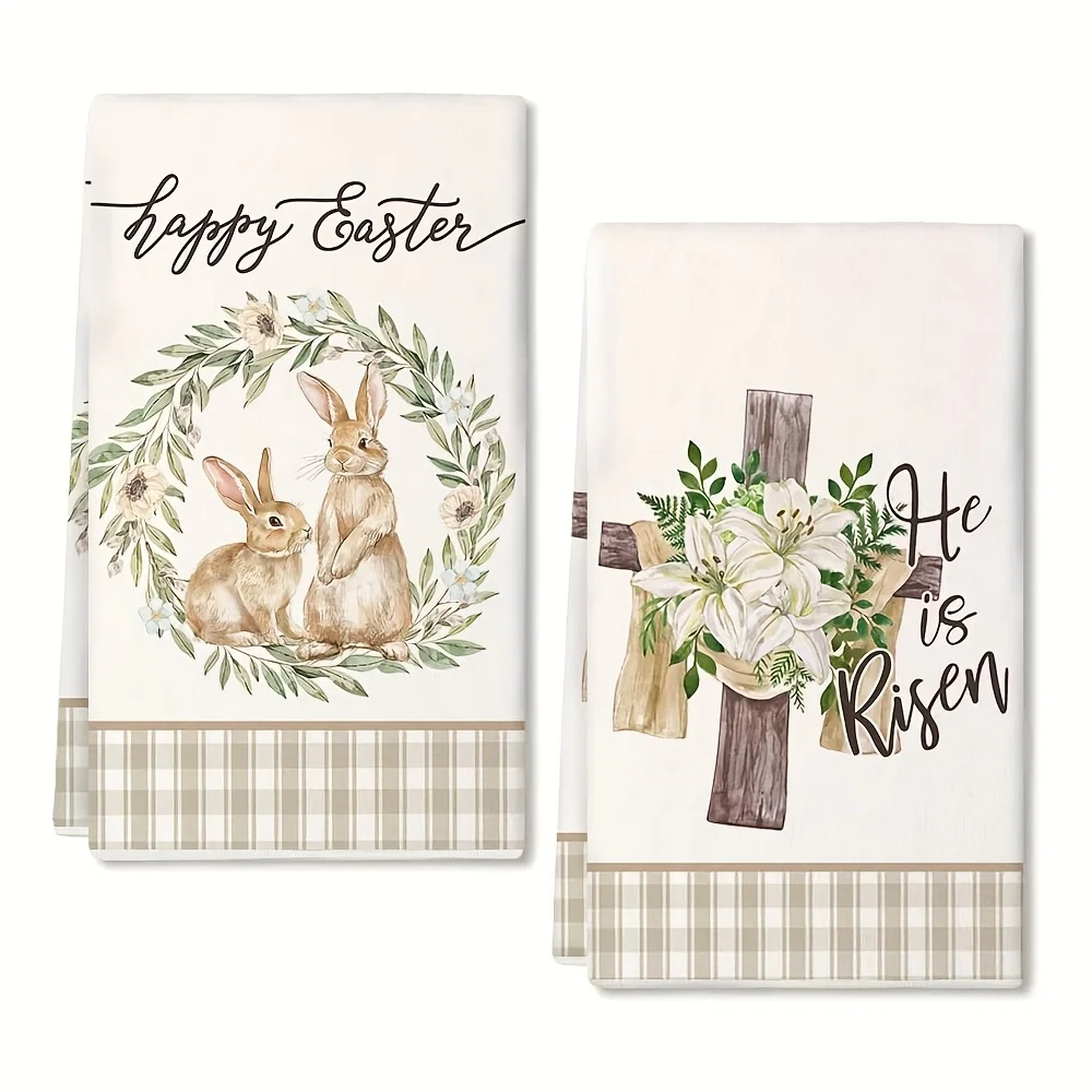 2Pcs, Easter Wreath Cross Rabbit Kitchen Towel, 40Cm*60Cm Towel Set, Super Absorbent Soft Cleaning Cloth, Cooking and Baking Tea Towel, Hand Towel, Cleaning Cloth, Dishcloth, Kitchen Decoration, Living Room Decorations, Kitchen Essentials, Home Essentials