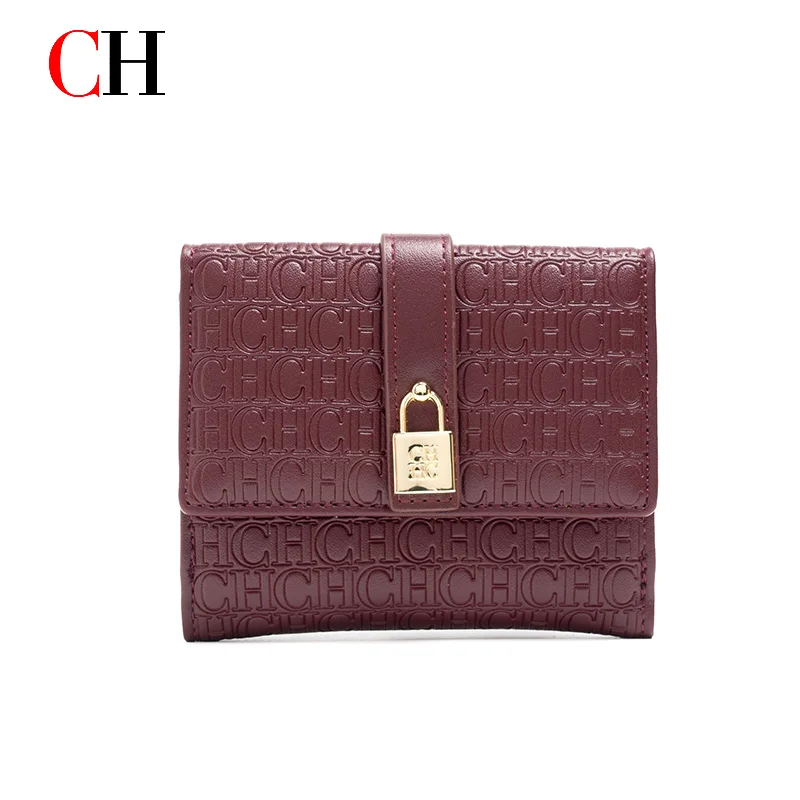 CH Women Short Wallet Vintage Printed Coin Purse Small Leather Wallet Card Holder Foldable Clutch Purse with Lock Buckle