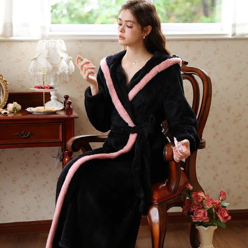 New Long Sleeve French Princess Style Nightgown for Girls Sweet Warm Thickened Fleece Bathrobe Pajamas Black Pink XL Size V N