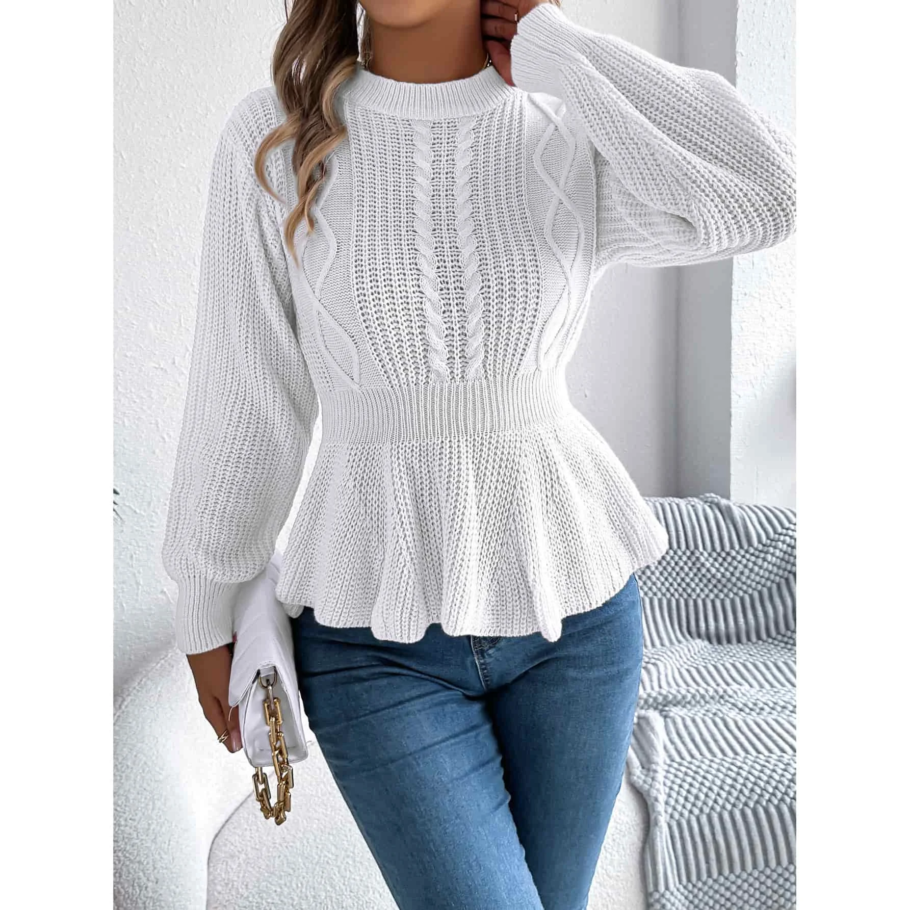 Womens Solid Color Knit Long Sleeve Sweater with Mock Neck and Twist Waist Hem for Everyday Lifestyle Spring Autumn Winter