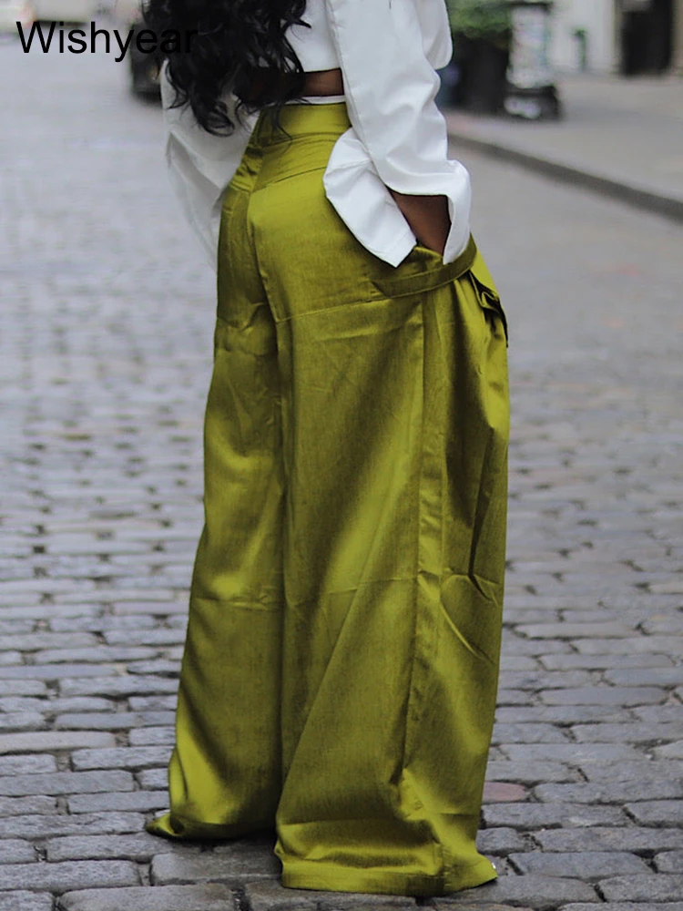 Pantalones Cargo de pierna ancha con bolsillos de retazos Vintage para mujer, ropa de calle de alta calidad, pantalones holgados sólidos, ropa de discoteca de cumpleaños