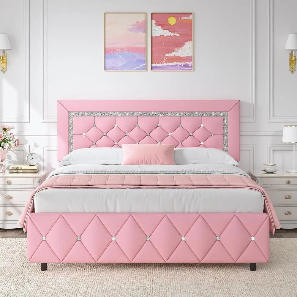 

Pink Faux Leather Diamond Headboard Queen Bed Frame, Platform Style, No Box Spring, Easy Assembly