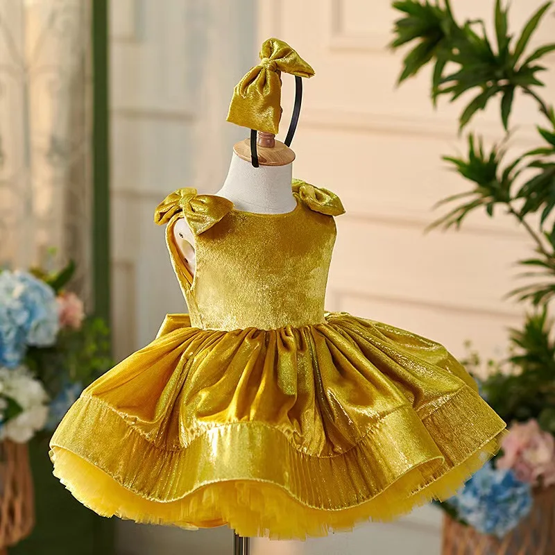 Jill desejo bonito ouro crianças vestido da menina de flor com arco na altura do joelho princesa bebê casamento festa aniversário vestido do feriado j306