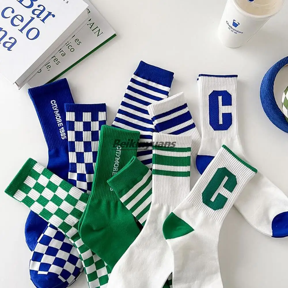 Women's socks cotton ins tide online celebrity wear Klein blue checkerboard long green high socks