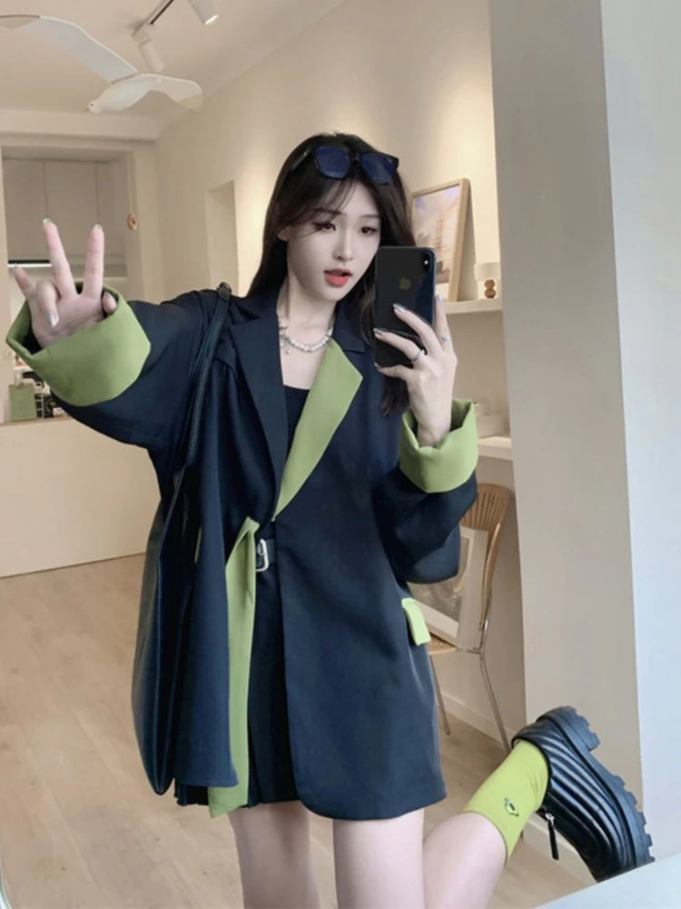 

Женская милая блузка с цветными блоками, новинка 2025, весна-осень, корейский костюм средней длины, повседневный пиджак премиум-класса с контрастной лентой