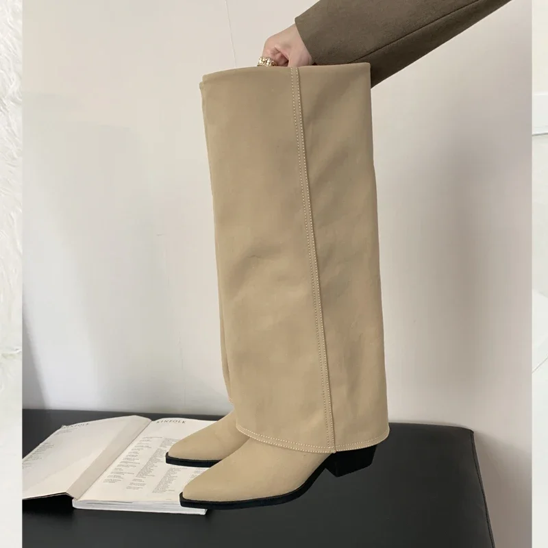 Eilyken Lente Herfst Puntige Neus Kniehoge Laarzen Vrouwen Designer Vintage Vierkante Lage Hakken Schoenen Moderne Lange Botas Para Mujer