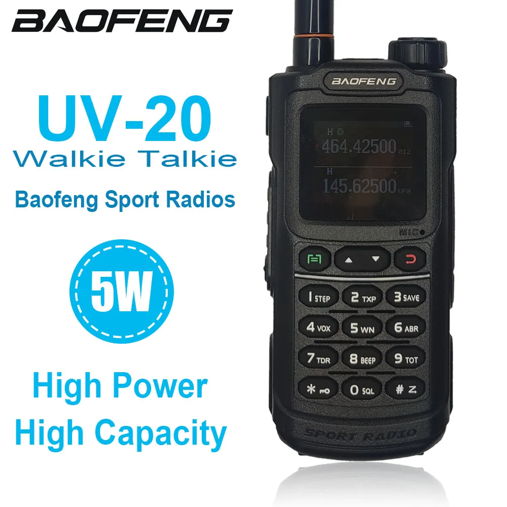 BAOFENG Walkie Talkie UV-20 Black Two Way Radios 2023 New Arrival Sport Radio 5W 1800mAh 1000CH Long Range Support Type-C Charge