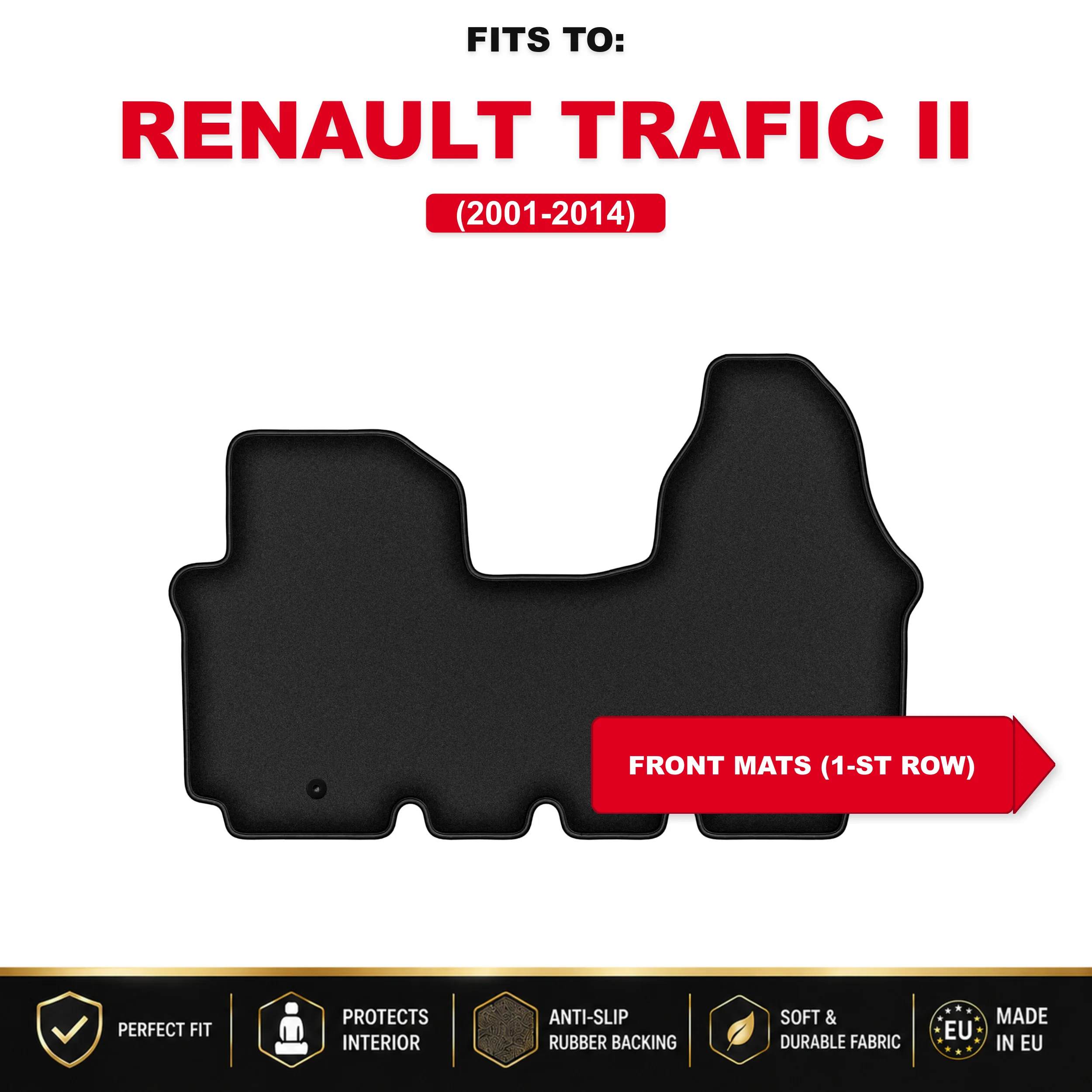 Image of Vordere Velour-Fußmatten, schwarz, 1 Stück. Passend für: Renault Trafic II 2001–2014. Satz vorderer Autoteppichmatten für den Fahrzeugboden