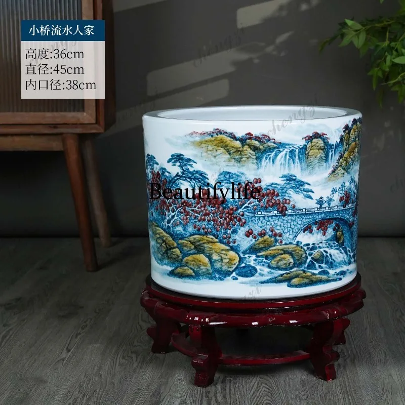 Jingdezhen ceramic hand-painted vase floor painting and calligraphy scroll cylinder living room study Chinese ornament