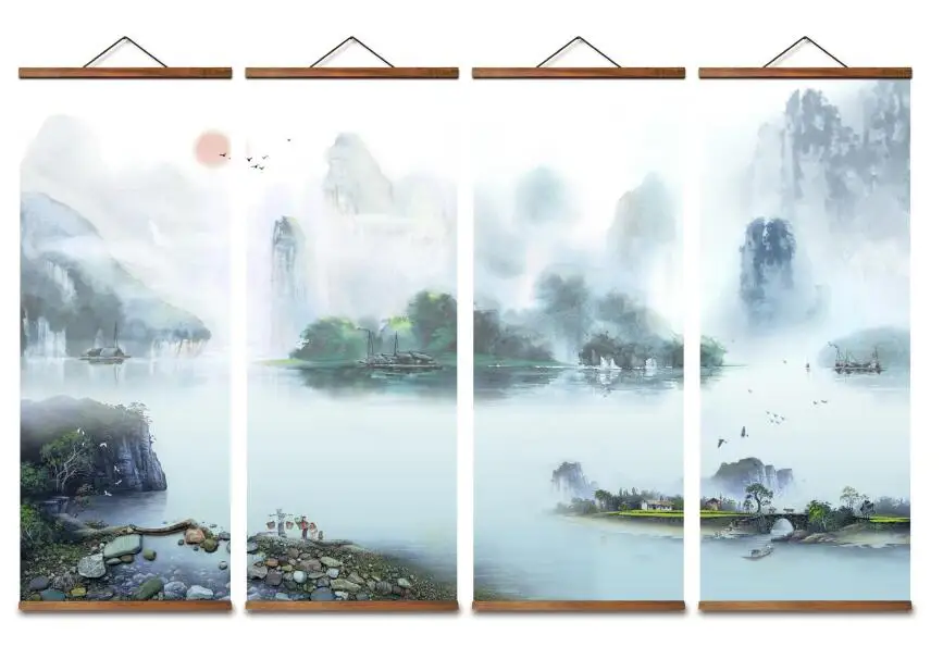 MT0049 Chinese Style Home By The River Swallow Landscape Decorative Wall Art Canvas Posters Solid Wood Scroll Paintings