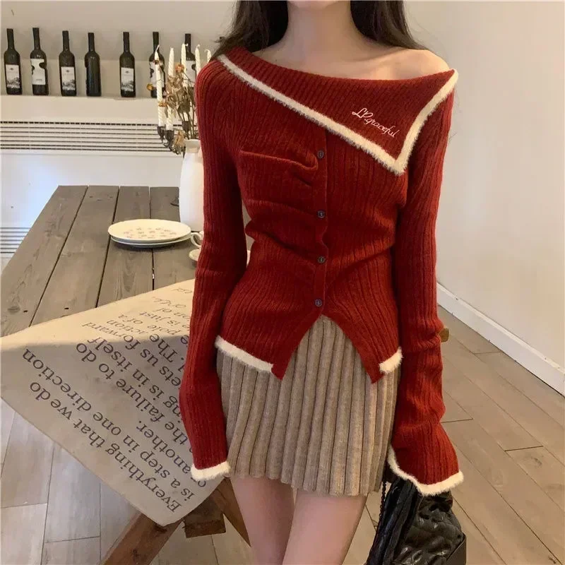 Christmas Off Shoulder Red Sweater Slim Fit Short Knitted Lining Women's Thermal Slim Fit Pullover Y2k Clothes New Goth Jumper