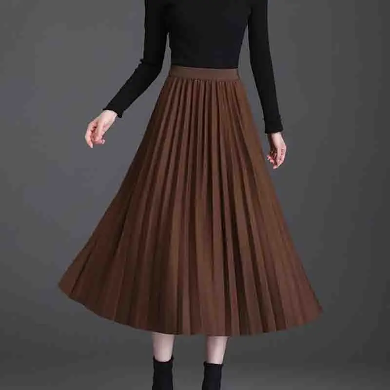 Autumn Winter Women Solid Color Woolen Woolen Fabric Pleated Skirt Female Korean Splicing High Waisted Appear Mid Length Skirt