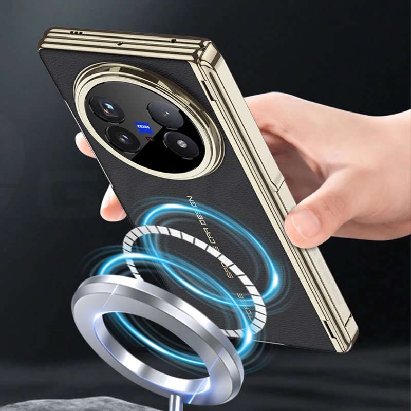 

For Vivo X Fold 5 Case Luxury Plating Leather Magnetic Hinge Holder Magnetic Charge Screen Glass Cover For Vivo X Fold5 Case