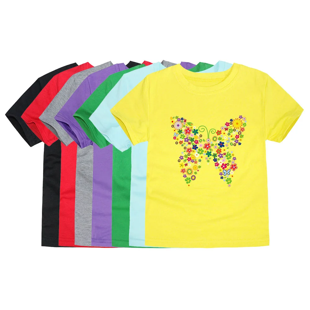 Butterfly Flower T Shirt for Girls 2 to 3 4 5 6 7 8 9 10 11 12 Years Summer Clothes 100% Cotton Tee Shirts Yellow Purple Tshirts