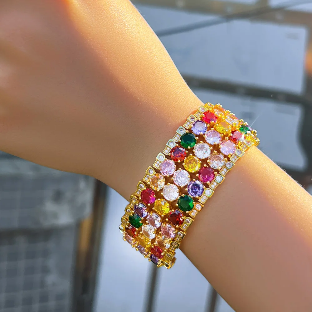 CWWZircons Heavy CZ Stone Work Multicolor Round Cubic Zircon Big Luxury Wedding Bracelet Bangle Dubai Gold Plated Jewelry CB342