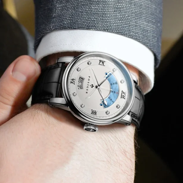 PONIGER Men Automatic Watch Luxury 42mm Mechanical Wristwatch 50M Waterproof Semi Circle Second MOP Dial Sapphire Mirror