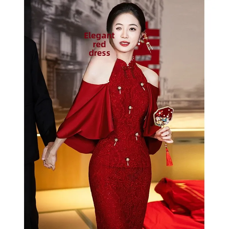 

Новый китайский утренний халат для невесты, красное винное платье для церемонии, одежда для помолвки, модель 2024 года