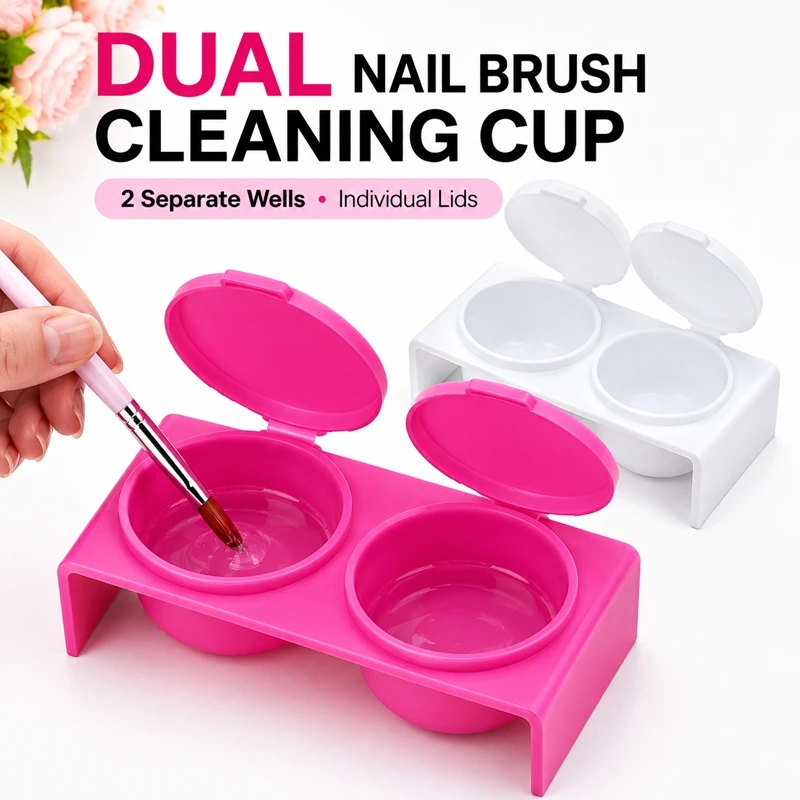 2-in-1 Nail Brush Cleaning Cup Dual Wells with Lids Compact Nail Art Brush Washer Manicure Tool for Gel Polish