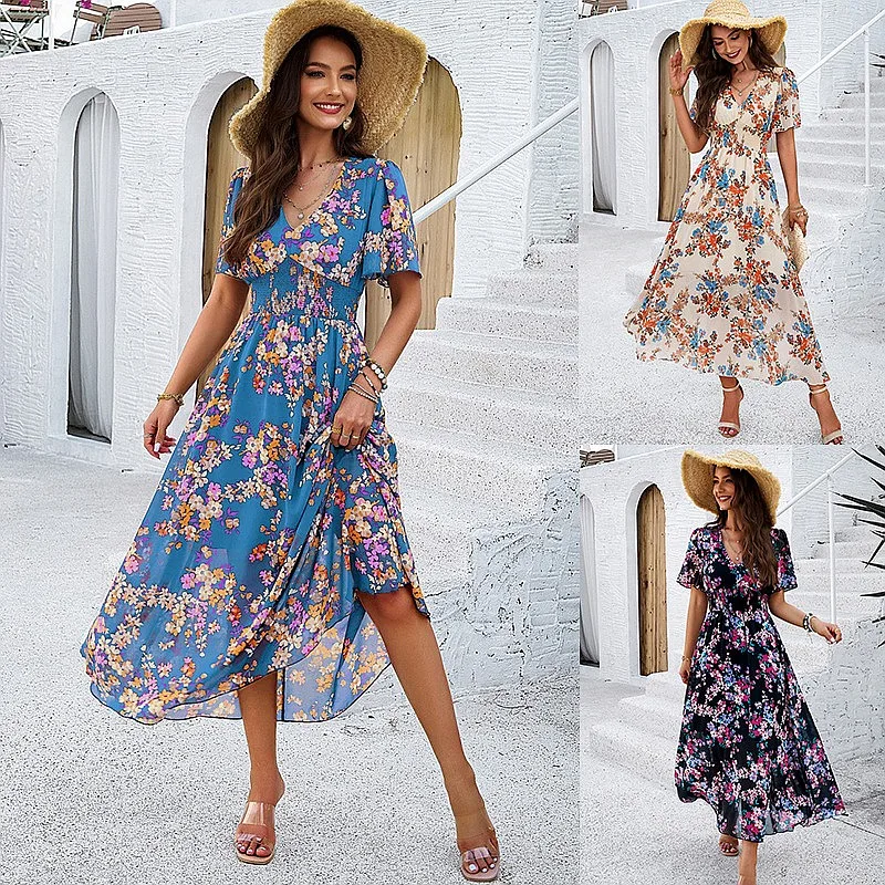 Chiffon Dress Women Floral Print Short Sleeve Waist Cinched Elegant Dresses Spring Summer Blouse Top