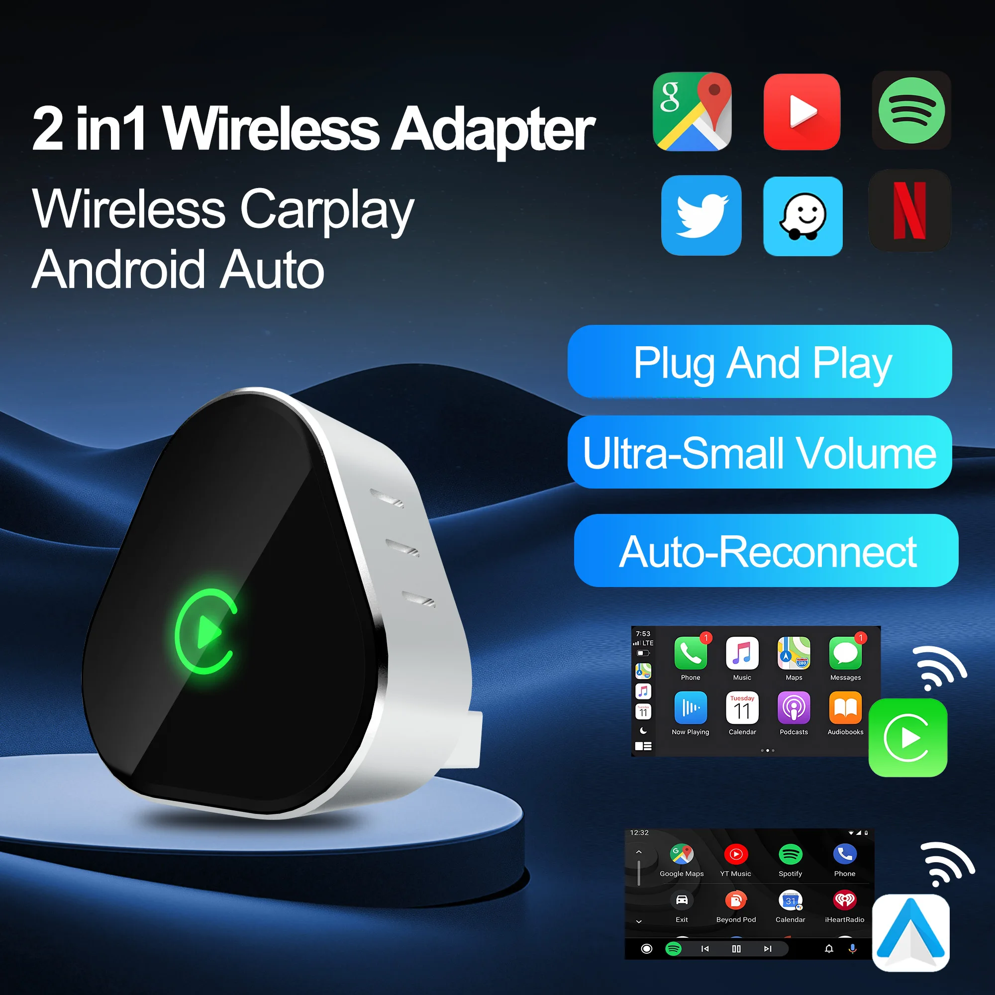 

2 in 1 Mini Wireless Carplay Adapter Android Auto AI Smart USB Dongle 5G WiFi Fast Connect for Benz Chevrolet Ford Honda Toyota