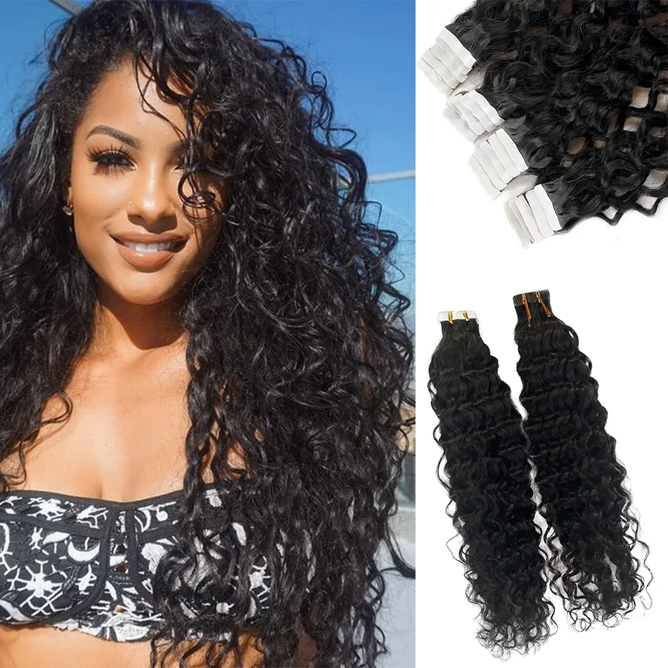 

Black Deep Wave Tape in Human Hair Extension Brazilian Hair Skin Weft Tape in Curly Human Hair 20pcs/set 50g #1b Full Head