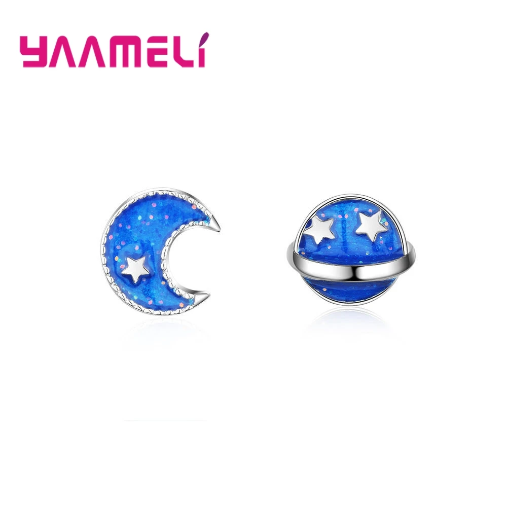 Charming 925 Sterling Silver Blue Moon Planet Enamel Stud Earings for Women Girls Anniversary Party Jewelry Gifts Accessory
