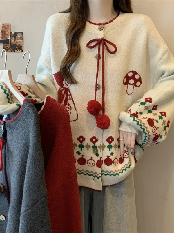 

plus Size Lazy Style Color Block Long Sleeve Knitted Sweater Autumn Winter New Retro Loose Slimming Cardigan Outerwear
